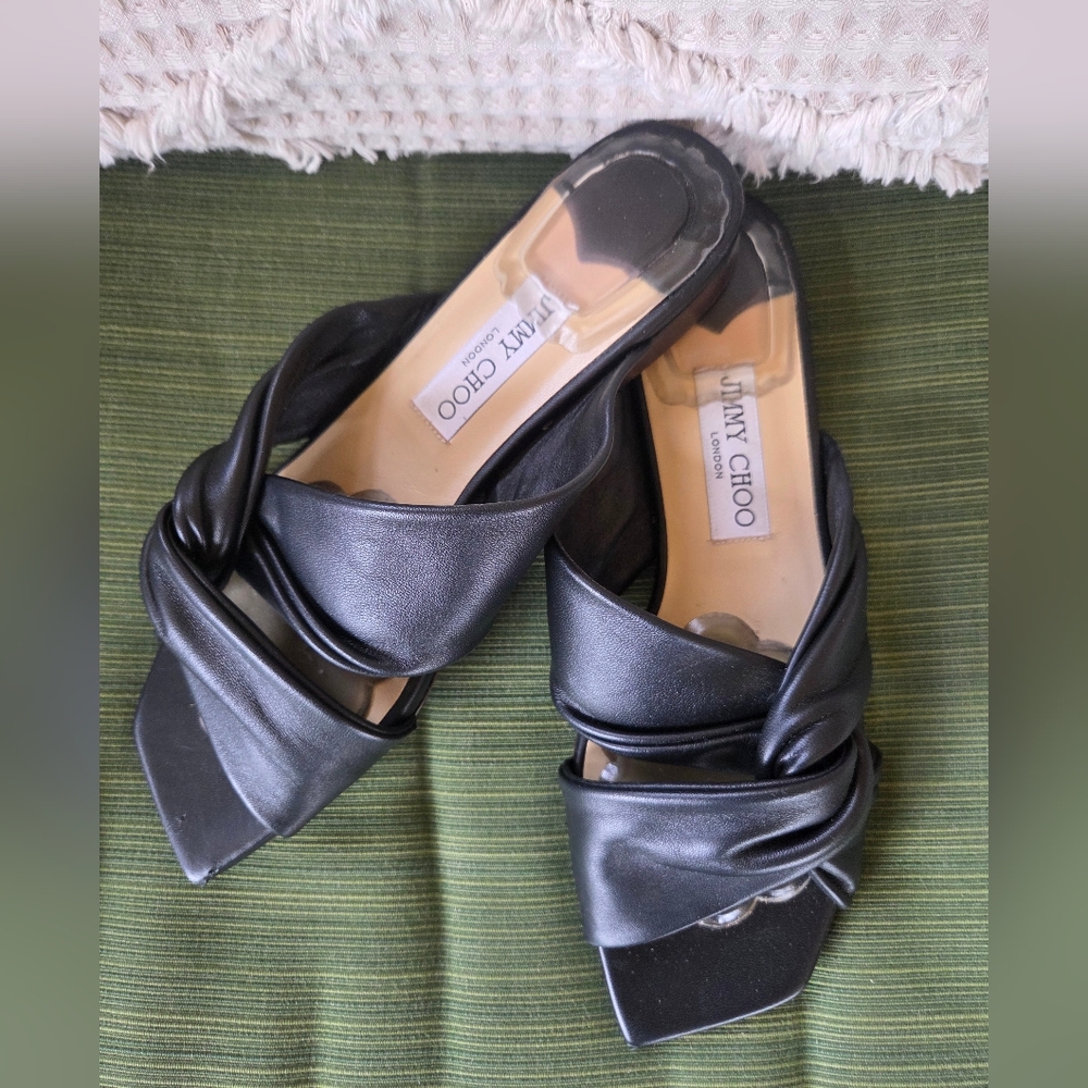 Jimmy Choo Narissa Black Nappa Leather Twist Knot Mules Flats